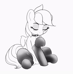 Size: 2742x2784 | Tagged: safe, artist:pabbley, imported from derpibooru, part of a set, rainbow dash, pegasus, pony, clothes, collar, eyes closed, monochrome, simple background, sitting, solo, stockings, thigh highs, white background