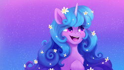 Size: 3840x2160 | Tagged: safe, artist:saphypone, imported from derpibooru, izzy moonbow, pony, unicorn, blushing, chest fluff, cute, female, flower, flower in hair, g5, happy, high res, izzybetes, mare, open mouth, open smile, smiling, solo, stars