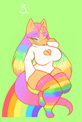Size: 670x1000 | Tagged: safe, artist:waifupanda, imported from derpibooru, oc, oc only, anthro, unguligrade anthro, unicorn, big breasts, breasts, cleavage, clothes, female, green background, horn, multicolored hair, rainbow hair, rainbow socks, simple background, socks, solo, stockings, striped socks, thigh highs, thighs, thunder thighs, unicorn oc, wide hips
