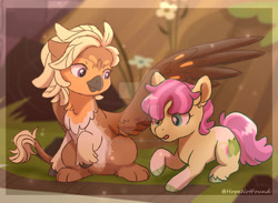Size: 1024x750 | Tagged: safe, artist:hopenotfound, imported from derpibooru, oc, oc only, oc:amethyst, oc:autumn breeze, hippogriff, pony, female, filly, foal, interspecies offspring, magical lesbian spawn, offspring, parent:apple bloom, parent:diamond tiara, parent:gabby, parent:scootaloo, parents:diamondbloom, parents:gabbyloo