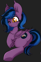 Size: 670x1008 | Tagged: artist needed, safe, imported from derpibooru, oc, oc:stormy night, bat pony, bat wings, butt, one eye closed, plot, wings
