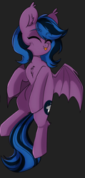 Size: 664x1395 | Tagged: artist needed, safe, imported from derpibooru, oc, oc:stormy night, bat pony, bat wings, eyes closed, lying down, on back, smiling, wings