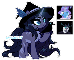 Size: 3420x2772 | Tagged: safe, artist:mirrastat, imported from derpibooru, storm king, trixie, oc, pony, unicorn, my little pony: the movie, base used, chest fluff, choker, crack ship offspring, eyelashes, female, glowing, glowing horn, hat, horn, interspecies offspring, magic, makeup, mare, offspring, one eye closed, parent:storm king, parent:trixie, raised hoof, simple background, smiling, telekinesis, transparent background, underhoof, unicorn oc, wink, witch hat
