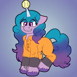 Size: 1640x1639 | Tagged: safe, artist:bluemoon, imported from derpibooru, izzy moonbow, pony, unicorn, ball, bound wings, clothes, cuffs, cute, g5, grin, horn, hornball, izzy's tennis ball, izzybetes, nervous, nervous grin, prison outfit, prisoner, prisoner im, shackles, smiling, solo, tennis ball, wings