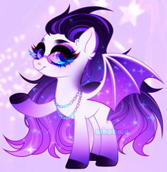 Size: 3032x3116 | Tagged: safe, artist:whohwo, imported from derpibooru, oc, oc only, bat pony, pony, base used, bat pony oc, bat wings, colored hooves, ear fluff, ethereal mane, eyelashes, female, mare, raised hoof, solo, starry mane, starry wings, sunglasses, wings