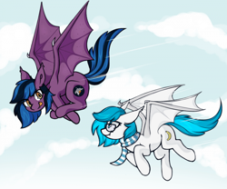 Size: 700x583 | Tagged: artist needed, safe, imported from derpibooru, oc, oc:stormy night, oc:xenia amata, bat pony, bat wings, flying, looking at each other, looking at someone, race, wings