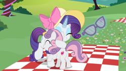 Size: 1920x1080 | Tagged: safe, artist:spookitty, imported from derpibooru, screencap, rarity, sweetie belle, pony, unicorn, basket, bow, butt, female, filly, foal, hat, hug, hugging a pony, picnic, picnic basket, picnic blanket, plot, sunglasses