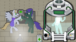 Size: 1680x920 | Tagged: safe, imported from derpibooru, oc, oc only, oc:emperor bigpip, oc:harmonious percussion, alicorn, goo, original species, unicorn, alicorn oc, ambiguous gender, bipedal, blonde mane, chamber, clothes, dna, furry, gray coat, green coat, green eyes, herm, hoofbump, horn, implied transformation, intersex, lamp, liquid, male, male herm, married couple, paws, pickaxe, purple mane, rimworld, robe, shadow, stars, tiled background, unicorn oc, warning sign, wings, workbench