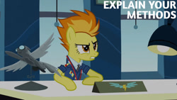 Size: 1280x720 | Tagged: safe, edit, edited screencap, editor:quoterific, imported from derpibooru, screencap, spitfire, pegasus, pony, season 3, wonderbolts academy, clothes, desk, desk lamp, female, mare, necktie, solo, spitfire's office, text, uniform, wonderbolts dress uniform