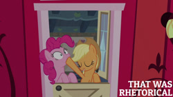 Size: 1280x720 | Tagged: safe, edit, edited screencap, editor:quoterific, imported from derpibooru, screencap, applejack, pinkie pie, earth pony, pony, pinkie apple pie, season 4, applejack's hat, cowboy hat, duo, eyes closed, female, hat, mare, smiling, sweet apple acres, text