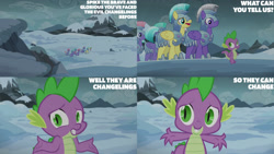 Size: 1280x720 | Tagged: safe, edit, edited screencap, editor:quoterific, imported from derpibooru, screencap, amethyst stone, spike, dragon, pegasus, pony, season 6, the times they are a changeling, armor, crystal guard, crystal guard armor, male, open mouth, royal guard, smiling, snow, stallion, text