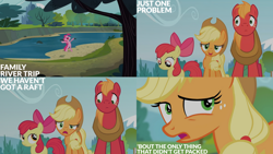 Size: 1280x720 | Tagged: safe, edit, edited screencap, editor:quoterific, imported from derpibooru, screencap, apple bloom, applejack, big macintosh, pinkie pie, earth pony, pony, pinkie apple pie, season 4, apple bloom's bow, applejack's hat, bipedal, bow, cowboy hat, female, filly, foal, hair bow, hat, male, mare, nose in the air, open mouth, open smile, smiling, stallion, text, uvula, volumetric mouth