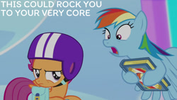 Size: 1280x720 | Tagged: safe, edit, edited screencap, editor:quoterific, imported from derpibooru, screencap, rainbow dash, scootaloo, pegasus, pony, parental glideance, season 7, bag, book, duo, female, filly, flying, foal, helmet, mare, open mouth, saddle bag, spread wings, text, wings