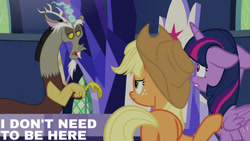 Size: 1280x720 | Tagged: safe, edit, edited screencap, editor:quoterific, imported from derpibooru, screencap, applejack, discord, twilight sparkle, alicorn, draconequus, earth pony, pony, season 9, the beginning of the end, spoiler:s09, applejack's hat, butt, cowboy hat, floppy ears, hat, male, open mouth, plot, text, trio, twilight sparkle (alicorn), twilight's castle