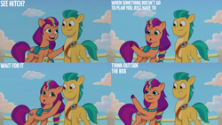 Size: 1280x720 | Tagged: safe, edit, edited screencap, editor:quoterific, imported from derpibooru, screencap, hitch trailblazer, sunny starscout, earth pony, pony, spoiler:g5, spoiler:my little pony: tell your tale, spoiler:tyts01e06, :o, duo, female, g5, male, mare, my little pony: tell your tale, open mouth, open smile, pun, smiling, stallion, text, the unboxing of izzy