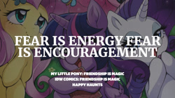 Size: 1280x720 | Tagged: safe, edit, editor:quoterific, idw, imported from derpibooru, fluttershy, rarity, twilight sparkle, alicorn, pegasus, pony, unicorn, book, female, happy haunts, mare, open mouth, open smile, smiling, text, trio, twilight sparkle (alicorn)