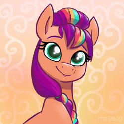 Size: 2048x2048 | Tagged: safe, artist:pfeffaroo, imported from derpibooru, sunny starscout, earth pony, pony, abstract background, bust, g5, portrait, smiling, solo