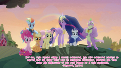 Size: 800x450 | Tagged: safe, imported from derpibooru, screencap, applejack, fluttershy, pinkie pie, rainbow dash, rarity, spike, twilight sparkle, alicorn, earth pony, pegasus, unicorn, the last problem, applejack's hat, clothes, cowboy hat, crown, female, g4, gigachad spike, granny smith's shawl, hat, hoof shoes, jewelry, male, mane seven, mane six, mare, older, older applejack, older fluttershy, older mane seven, older mane six, older pinkie pie, older rainbow dash, older rarity, older spike, older twilight, peytral, princess shoes, princess twilight 2.0, professor layton, quote, regalia, scarf, shoes, skunk stripe, twilight sparkle (alicorn)