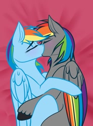 Size: 662x900 | Tagged: safe, artist:aepp, imported from derpibooru, rainbow dash, oc, oc:dark rainbow, pegasus, pony, bed, blushing, canon x oc, colored wings, commission, cuddling, darsh, duo, eyes closed, female, kissing, male, mare, multicolored wings, pegasus oc, rainbow wings, sexy, stallion, straight, wings, ych result