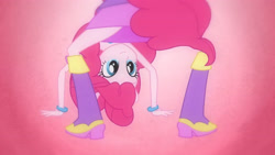 Size: 3410x1920 | Tagged: safe, imported from derpibooru, screencap, pinkie pie, human, equestria girls, equestria girls (movie), bare shoulders, boots, cute, diapinkes, fall formal outfits, female, high heels, looking between legs, shoes, sleeveless, smiling, solo, strapless, upside down