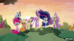 Size: 640x360 | Tagged: safe, imported from derpibooru, screencap, applejack, fluttershy, pinkie pie, rainbow dash, rarity, spike, twilight sparkle, alicorn, dragon, earth pony, pegasus, pony, unicorn, season 9, the last problem, animated, applejack's hat, book, closing the book, clothes, cowboy hat, crown, end of ponies, female, flying, gif, gifs.com, gigachad spike, hat, hoof shoes, jewelry, male, mane seven, mane six, mare, older, older applejack, older fluttershy, older mane seven, older mane six, older pinkie pie, older rainbow dash, older rarity, older spike, older twilight, older twilight sparkle (alicorn), peytral, princess shoes, princess twilight 2.0, regalia, shoes, skunk stripe, smiling, spread wings, sunset, thank you lauren, the end, the magic of friendship grows, twilight sparkle (alicorn), winged spike, wings