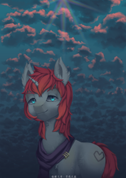 Size: 2480x3508 | Tagged: safe, artist:aurorarhythm, imported from derpibooru, oc, unicorn, absurd resolution, bsm, cloud, cloudy, lens flare, outdoors, smiling, solo