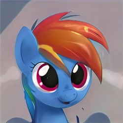 Size: 1024x1024 | Tagged: safe, imported from derpibooru, pegasus, pony, ai content, ai generated, bust, cute, female, generator:thisponydoesnotexist, looking at you, mare, not rainbow dash, open mouth, ponygenerator, portrait, smiling, solo