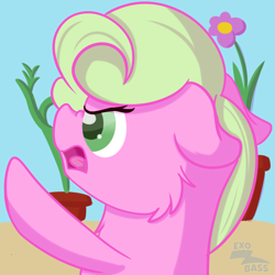 Size: 1000x1000 | Tagged: safe, artist:exobass, imported from derpibooru, daisy, flower wishes, pony, cheek fluff, disgusted, expressions, female, floppy ears, flower, solo, tongue out