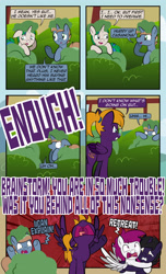Size: 1920x3168 | Tagged: safe, artist:alexdti, imported from derpibooru, oc, oc only, oc:brainstorm (alexdti), oc:purple creativity, oc:star logic, pegasus, pony, unicorn, comic:quest for friendship, angry, bush, caught, comic, dialogue, ears back, eye contact, female, folded wings, glasses, gritted teeth, high res, hooves, horn, hug, i can explain, looking at each other, looking at someone, male, mare, narrowed eyes, nose in the air, open mouth, outdoors, pegasus oc, ponytail, raised hoof, shrunken pupils, speech bubble, spread wings, stallion, standing, teeth, underhoof, unicorn oc, wings, yelling