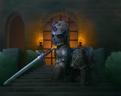 Size: 4000x3177 | Tagged: safe, artist:dipfanken, imported from derpibooru, oc, oc only, oc:apollyon, pony, unicorn, armor, castle, commission, fantasy, fire, for honor, glowing, glowing horn, high res, horn, knight, magic, magic aura, melee weapon, solo, steps, sword, telekinesis, unicorn oc, weapon