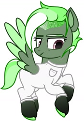Size: 1368x1960 | Tagged: safe, artist:dancingkinfiend, derpibooru exclusive, imported from derpibooru, oc, oc only, oc:virulent conveyance, pegasus, pony, fanfic:pegasus device, fanfic:rainbow factory, base used, caption, clothes, coat markings, colored hooves, colored wings, fanfic art, female, flying, frown, g4, green fur, hooves, image macro, lab coat, mare, multicolored hair, pegasus device, pegasus oc, scar, shaved mane, short hair, short mane, short tail, simple background, socks (coat markings), solo, spread wings, suit, tail, white background, wings