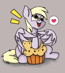 Size: 1117x1255 | Tagged: safe, artist:twiliset, imported from derpibooru, derpy hooves, pegasus, pony, cute, derpabetes, emanata, food, gray background, happy, heart, looking at you, muffin, protecting, simple background, smiling, smiling at you, solo, spoken heart, talking, wings