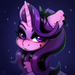 Size: 3000x3000 | Tagged: safe, artist:sugarstar, imported from derpibooru, starlight glimmer, pony, unicorn, alternate hair color, alternate hairstyle, alternate mane color, bust, collaboration, collaboration:choose your starlight, collar, dyed mane, ear piercing, edgelight glimmer, emo, eyeshadow, goth, lidded eyes, makeup, mascara, piercing, solo, sparkles