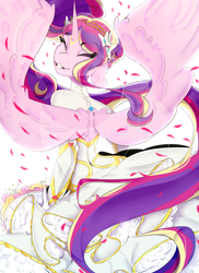 Size: 2544x3501 | Tagged: safe, artist:kisselmr, imported from derpibooru, princess cadance, alicorn, anthro, bouquet of flowers, canterlot wedding 10th anniversary, clothes, dress, eyebrows, eyebrows visible through hair, eyes closed, female, grin, high res, marriage, rear view, royal wedding, smiling, solo, spread wings, veil, wedding, wedding dress, wings