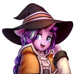 Size: 1809x1764 | Tagged: safe, artist:setharu, imported from derpibooru, starlight glimmer, anthro, unicorn, alternate hairstyle, blue eyes, braid, bust, clothes, collaboration, collaboration:choose your starlight, cosplay, costume, crossover, cute, female, glimmerbetes, hand, hat, horn, lidded eyes, looking at you, mare, open mouth, ponytail, portrait, simple background, smiling, solo, transparent background, witch hat, wizard hat