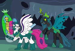 Size: 3167x2168 | Tagged: safe, artist:supahdonarudo, imported from derpibooru, princess skystar, queen chrysalis, queen novo, changeling, changeling queen, classical hippogriff, hippogriff, my little pony: the movie, angry, armor, canterlot wedding 10th anniversary, captured, changeling hive, cocoon, defending, eyes closed, female, fight, frown, high res, insect wings, knight, looking at each other, looking at someone, looking back, mama bear, protecting, rearing, rescue, shield, spread wings, trio, trio female, ultimate chrysalis, wings