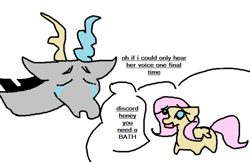 Size: 640x414 | Tagged: safe, artist:imiya, imported from derpibooru, discord, fluttershy, draconequus, pegasus, pony, crying, dark comedy, dialogue, female, implied death, implied discoshy, implied shipping, implied straight, male, mare, sad, simple background, solo, thought bubble, white background