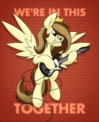 Size: 2112x2612 | Tagged: safe, artist:moonatik, imported from derpibooru, oc, oc only, oc:prince whateverer, pegasus, pony, abstract background, crown, electric guitar, flying, guitar, jewelry, looking at you, male, musical instrument, pegasus oc, regalia, solo, spread wings, stallion, text, wings