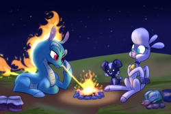 Size: 1800x1200 | Tagged: safe, artist:redahfuhrerking, imported from derpibooru, dog, dragon, hybrid, longma, sheep, them's fightin' herds, cloven hooves, community related, fire, fire breath, night, pom (tfh), tianhuo (tfh)