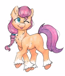 Size: 2722x3196 | Tagged: safe, artist:lightisanasshole, imported from derpibooru, sunny starscout, earth pony, pony, ;p, female, g5, one eye closed, simple background, smiling, solo, tongue out, traditional art, watercolor painting, white background