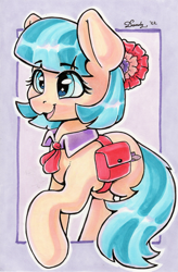 Size: 1759x2684 | Tagged: safe, artist:dandy, imported from derpibooru, coco pommel, earth pony, pony, bag, cocobetes, copic, cute, female, flower, flower in hair, mare, marker drawing, open mouth, saddle bag, signature, solo, traditional art