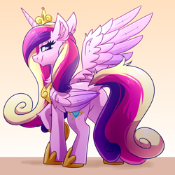 Size: 4000x4000 | Tagged: safe, artist:witchtaunter, imported from derpibooru, princess cadance, alicorn, pony, beautiful, butt, canterlot wedding 10th anniversary, chest fluff, commission, commissioner:reversalmushroom, crown, dock, ear fluff, female, gradient background, hoof shoes, jewelry, lidded eyes, looking at you, looking back, looking back at you, lovebutt, plot, rear view, regalia, smiling, smiling at you, solo, tail, wings