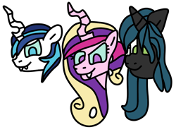 Size: 990x740 | Tagged: safe, artist:icicle-wicicle-1517, artist:jadeharmony, color edit, edit, imported from derpibooru, princess cadance, queen chrysalis, shining armor, changeling, pony, unicorn, alternate hairstyle, canterlot wedding 10th anniversary, changelingified, collaboration, colored, fangs, female, head only, male, mare, ponified, shiningcadance, shipping, simple background, species swap, straight, transparent background, trio