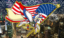 Size: 2844x1700 | Tagged: safe, imported from derpibooru, oc, oc only, oc:star spangle, pegasus, pony, blonde, braid, city, feathered fetlocks, feathered wings, fireworks, flag, g5, hat, new york city, pegasus oc, retro, solo, united states, wings