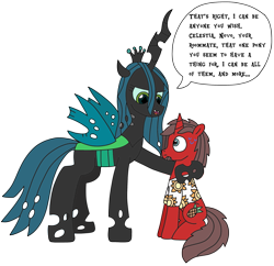 Size: 2407x2333 | Tagged: safe, artist:supahdonarudo, imported from derpibooru, queen chrysalis, oc, oc:ironyoshi, changeling, changeling queen, pony, unicorn, dialogue, duo, duo male and female, female, high res, hoof around neck, horn, insect wings, male, open mouth, open smile, simple background, sitting, smiling, speech bubble, spread wings, stallion, sweat, talking, text, transparent background, unicorn oc, wings