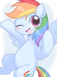 Size: 1523x2048 | Tagged: safe, artist:ginmaruxx, imported from derpibooru, rainbow dash, pegasus, pony, belly, blushing, cute, dashabetes, female, looking at you, mare, one eye closed, open mouth, open smile, smiling, smiling at you, solo, wings, wink, winking at you