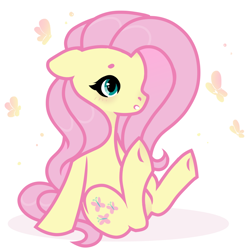 Size: 1280x1287 | Tagged: safe, artist:vi45, imported from derpibooru, fluttershy, butterfly, pony, blushing, female, floppy ears, leaning back, looking at something, mare, open mouth, simple background, sitting, solo, three quarter view, white background, wingless