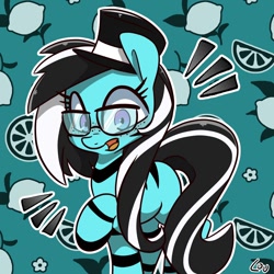 Size: 1500x1500 | Tagged: safe, artist:lou, imported from derpibooru, oc, oc only, oc:purapoint, earth pony, pony, blue pony, cute, earth pony oc, glasses, happy, hat, looking at you, male, multicolored eyes, ocbetes, raised hoof, solo, stallion, top hat