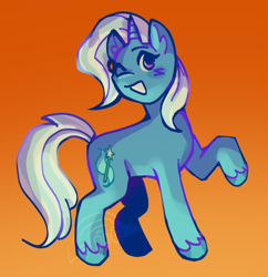 Size: 640x662 | Tagged: safe, artist:lawldog, imported from derpibooru, trixie, pony, unicorn, female, gradient background, grin, mare, one eye closed, orange background, raised hoof, simple background, smiling, solo, watermark