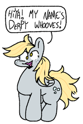 Size: 493x733 | Tagged: safe, artist:qoolguy, imported from derpibooru, derpy hooves, cross-eyed, looking at you, open mouth, simple background, solo, speech bubble, white background